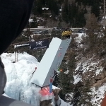 Simon Duverney sends the competition route with ease on this bitterly cold day.