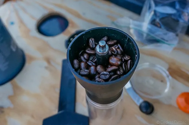 I use a hand cranked burr grinder, the Hario Mini Mill Slim Grind. A perfect companion for the Aeropress. The Best Camping Coffee Maker & How to Make Coffee While Camping