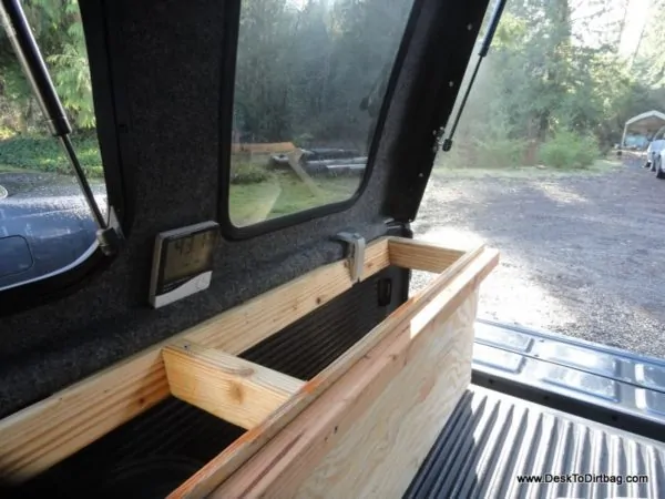 Vertical side bins--looking back toward the tailgate. TIP: Velcro can be used to attach things like the thermometer.
