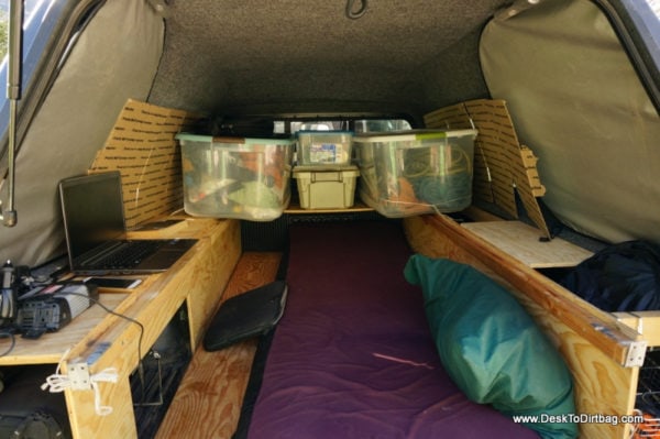 My bed setup for base camp mode--you put your feet under the back shelf in order to sleep.