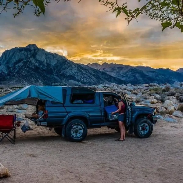 Truck camping beneath the Sierras in Lone Pine, California.