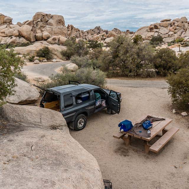 Camped among the boulders in Hidden Valley in Joshua Tree National Park.