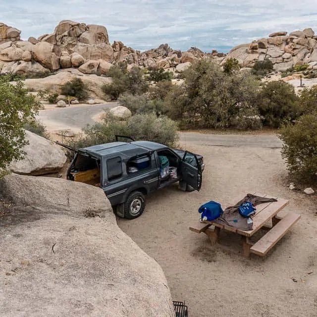 Camped among the boulders in Hidden Valley in Joshua Tree National Park.