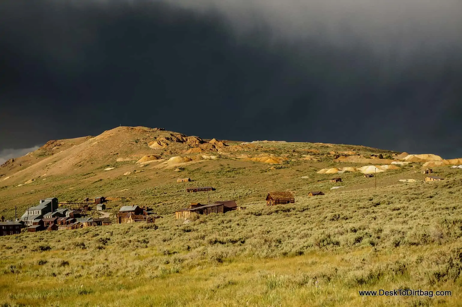 A storm rises over Bodie, California, a small ghost town located in the hills of the Sierra Nevadas.