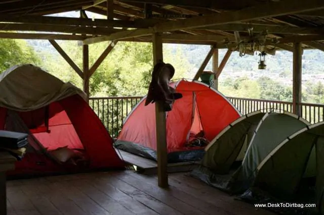 The covered camping platform--tents are pretty close together, but we had it to ourselves.