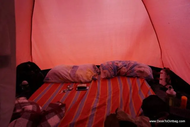 Our rental tent with comfy sleeping mats, pillows and sheets.