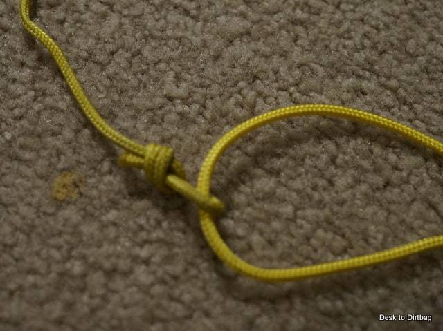 Close up of the attachment I tied on the loop of cord to adjust the bottom.