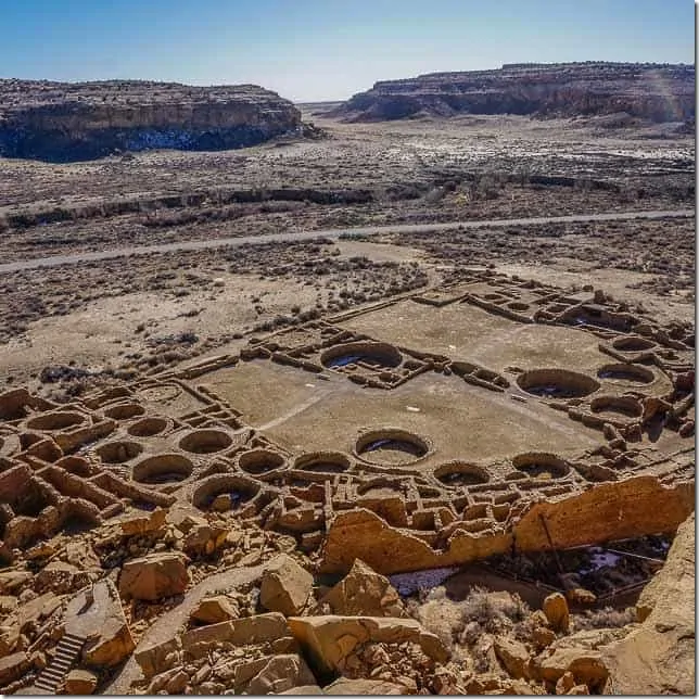 View from the cliff band back down on to Pueblo Bonito, the largest of the structures in Chaco Canyon. - 49 Places to Visit on the Ultimate West Coast Road Trip