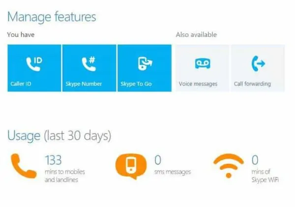 Skype manage features area