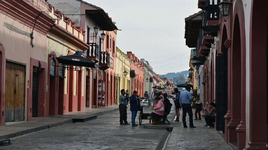 People eating on the street in San Cristobal de Las Casas Mexico