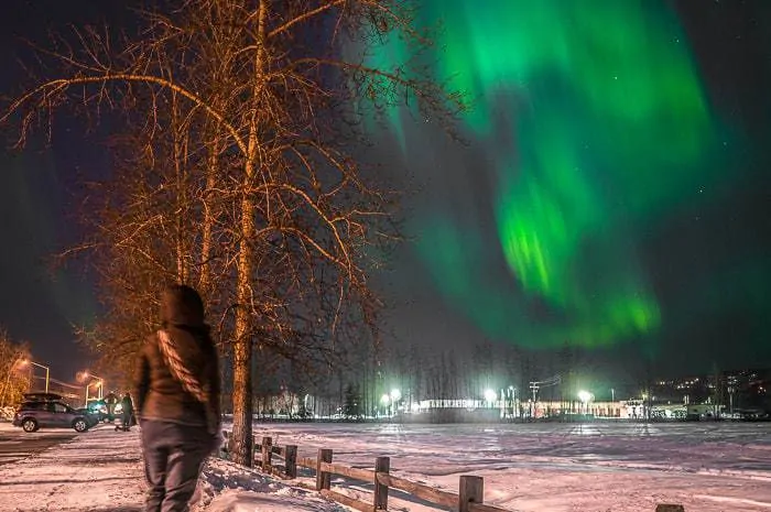 Checking out the Northern Lights from the middle of Fairbanks Alaska