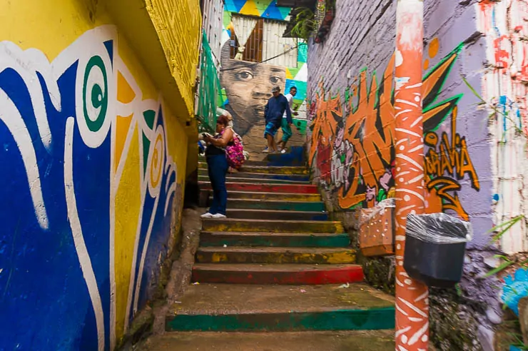 Steps and street art in Moravia Medellin on a Barrio Transformation Tour