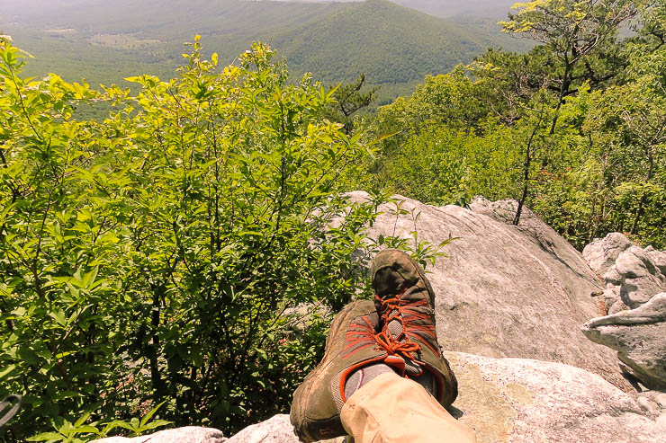 My lightweight trail running shows rather than heavy boots.