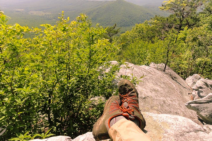 My lightweight trail running shows rather than heavy boots.