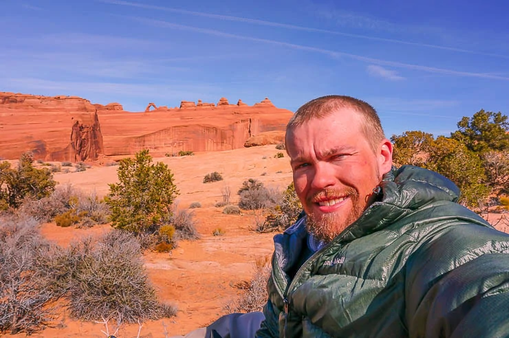 Cool winter day in Arches National Park with my insulation. Day Hike Gear