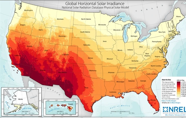 Potential solar energy generation across the United States.