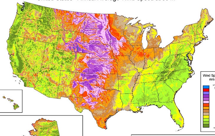 Potential wind energy generation across the United States.